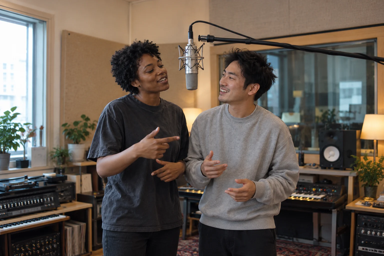 Two friends performing at a hanging microphone in a warmly lit recording booth